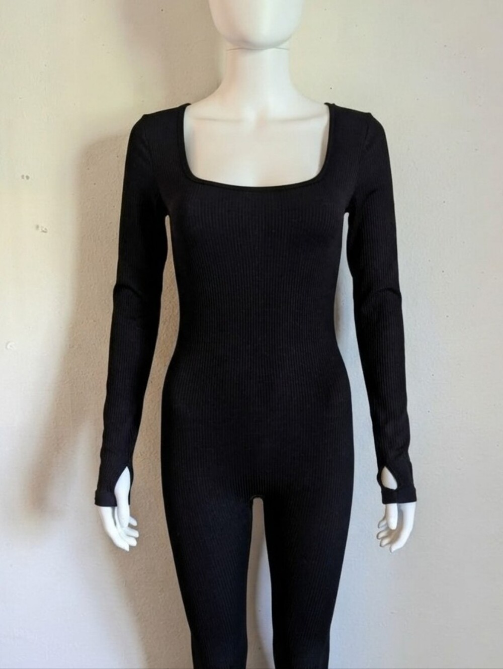 Black Ribbed Long Sleeve Jumpsuit with Thumbholes Size Medium
